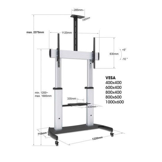 Soporte de TV tipo carro, multimedia, de altura ajustable, para trabajo pesado, fabricado en aluminio