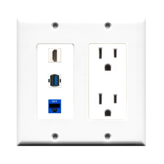 Placa Tapa Decora HDMI + 2 Jacks RJ45 Cat6 + contacto eléctrico doble en ABS