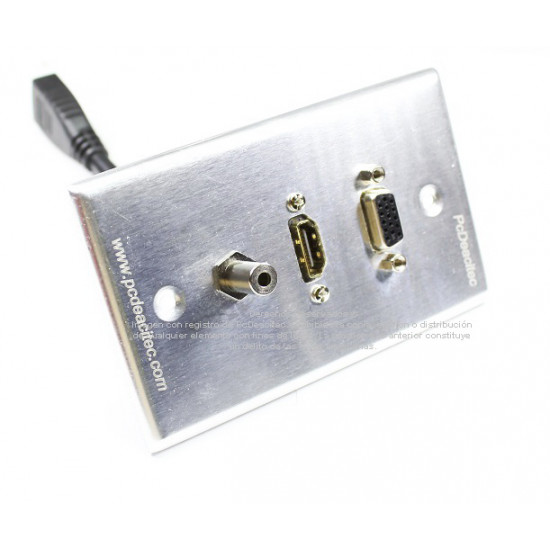 Placa Tapa VGA de remate + HDMI pigtail + Audio Jack 3.5 mm en Aluminio