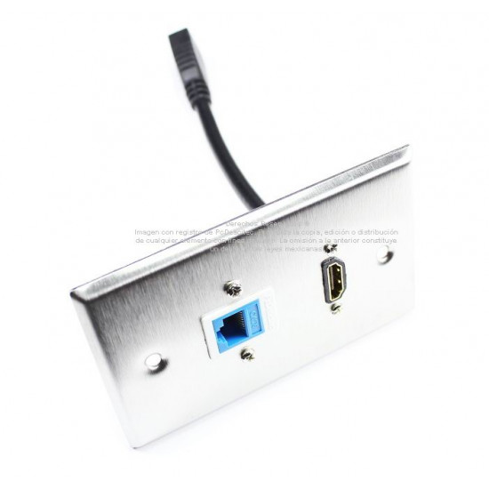 Placa Tapa HDMI pigtail + Jack RJ45 Cat6 ponchable Acero Inoxidable Placa Tapa HDMI pigtail + Jack RJ45 Cat6 ponchable Acero Inoxidable