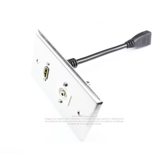 Placa Tapa HDMI 1.4 pigtail + Audio Jack 3.5 mm en Acero Inoxidable