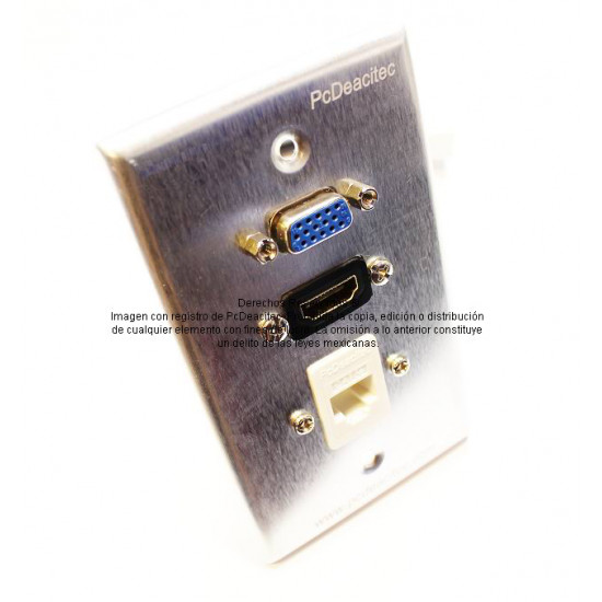 Placa Tapa VGA + HDMI pigtail + Jack RJ45 Cat5e cople en Aluminio