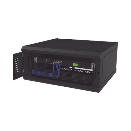 Gabinete de Montaje en Pared, Con Puerta de Cristal, Cuerpo Fijo con Rack, de 19in, 4UR, Color Negro