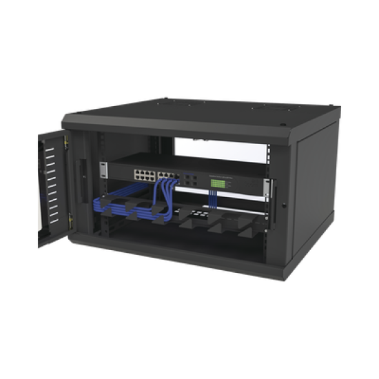 Gabinete para Montaje en Pared, con Puerta de Cristal Templado, Cuerpo Fijo, con 6 Unidades de Rack, de 19in, Fabricado en Acero
