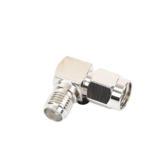 Adaptador en Ángulo Recto, de Conector SMA Macho a SMA Hembra Níquel/ Oro/ Teflón.