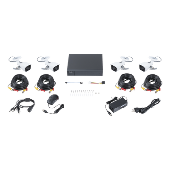 KIT TurboHD 1080p / DVR 8 canales con H.265+ / 4 Cámaras Bala Metálicas / Fuente de Poder / Accesorios de Instalación