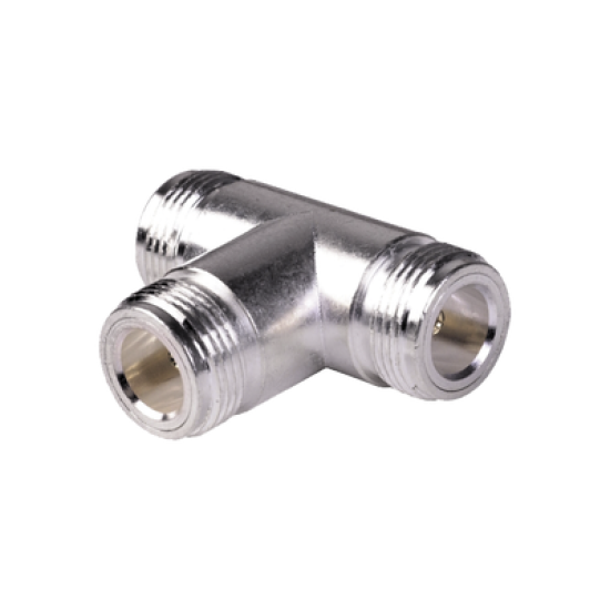 Adaptador en T, Triple Conectores N Hembra, Plata/ Oro/ Teflón.