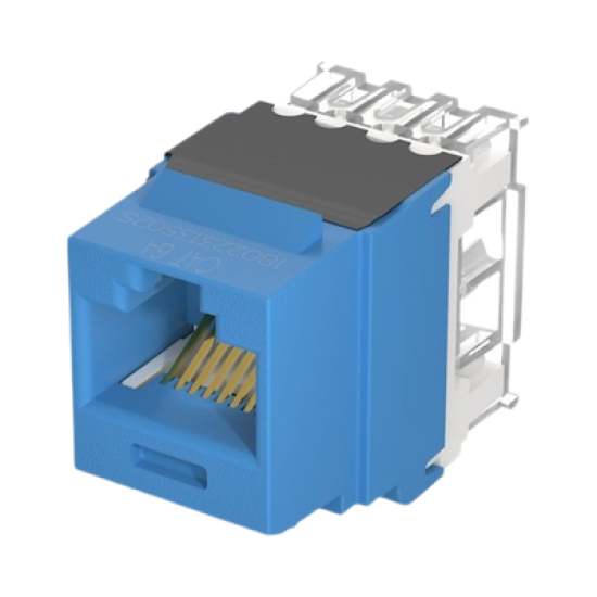 Conector Jack Estilo 110 (de Impacto), Tipo Keystone, Categoría 6A, de 8 posiciones y 8 cables, Color Azul