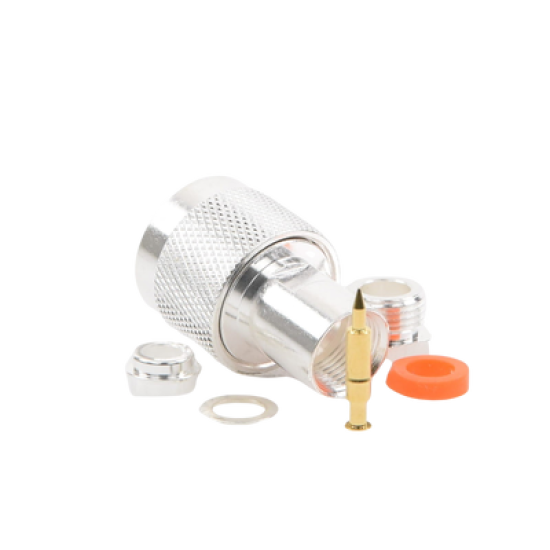 Conector N Macho de Rosca para Cables RG-8/X, LMR-240, BELDEN 9258, Plata / Oro / Teflón.