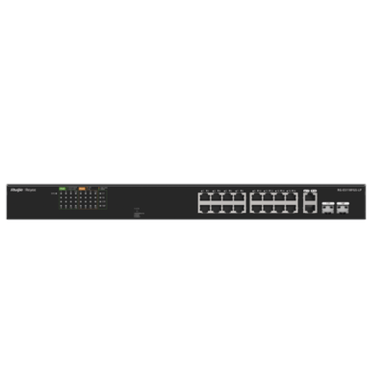 Switch PoE+ No Administrable Ideal para CCTV, 16 Puertos 10/100, 2 Uplinks Gigabit y 2 SFP, Carcasa Metálica