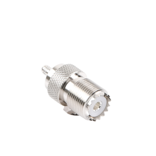 Conector UHF Hembra (SO-239) en Línea, de Anillo Plegable para Cable RG-58/U, RG-142/U, Níquel/ Plata/ Delrin.