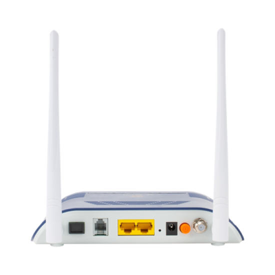 ONU Dual GPON/EPON con Wi-Fi en 2.4 GHz + 1 puerto SC/APC + 1 puerto LAN Gigabit + 1 puerto LAN Fast Ethernet + 1 puerto FXS + 1 puerto CATV, hasta 300 Mbps vía inalámbrico