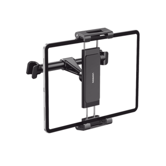 Soporte de Celular para Reposacabezas de automóvil / Compatibilidad con dispositivos de 4.7'' a 12.9'' / Ajustable de 101-144mm / Rotación de 360° / Goma Anti-Arañazos / Diseño Plegable / Anti Vibración / Aluminio + 