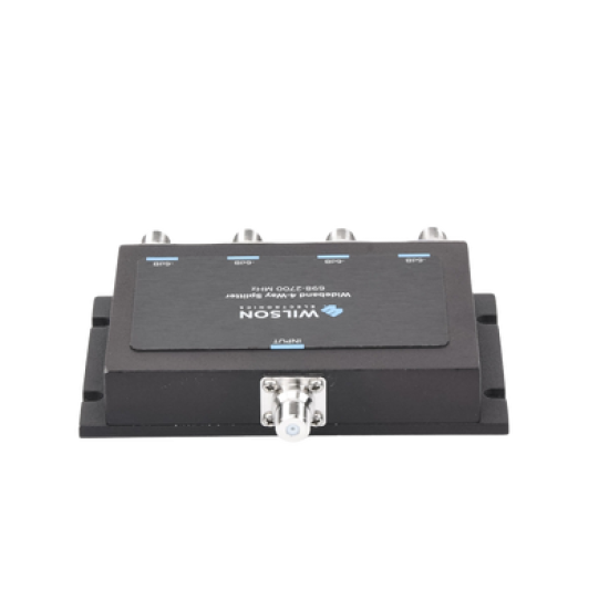 Divisor de potencia de 4 vías para la distribución de señal a dos antenas de servicio | 6 dB de pérdida por puerto | Conectores F hembra