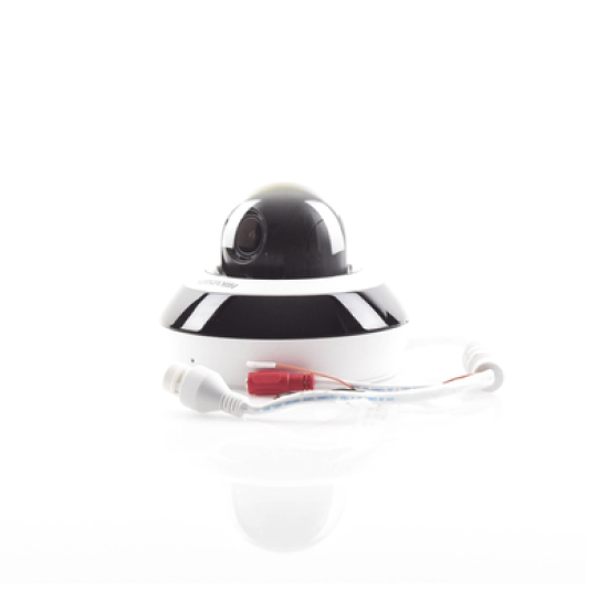 Mini Domo PTZ IP 4 Megapixel / 4X Zoom / H.265+ / 20 mts IR EXIR / WDR / PoE / IK10 /Exterior IP66 / DarkFighter / Micrófono Integrado / MicroSD