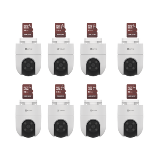 Kit de Camaras WiFi, Incluye 8 Piezas CS-H8C y 8 Piezas HS-TF-E1/32G / Audio de Dos Vías / Detección de Movimiento /  Luz Blanca / Sirena  /  Uso en Exterior con Protección