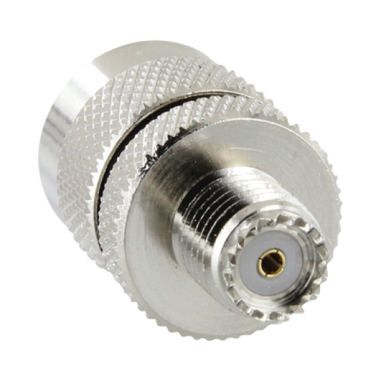 Adaptador en Línea de Conector Mini UHF Hembra a UHF Macho (PL-259), Níquel/ Oro/ Teflón.