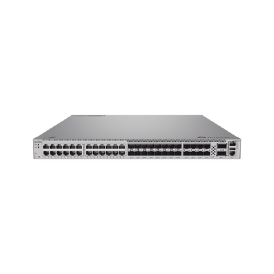 Switch Empresarial Core Híbrido Administrable Capa 3 / 24 puertos 10/100/1000 mbps / 16 Puertos SFP+ 10GE / 8 Puertos 25GE SFP28  / 2 Puertos 40/100GE QSFP28  / iStack / Ruteo Dinamico (RIP, OSPF, IS-IS y BGP) / Fuente redundante / Nube Gratis