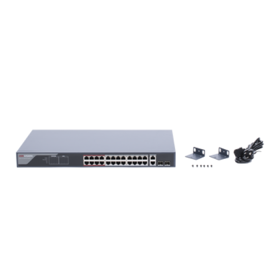 Switch Monitoreable PoE+ / 24 Puertos 100 Mbps PoE+ / 2 Puertos 1000 Mbps + 2 Puertos SFP de Uplink / PoE hasta 250 Metros / Conexión Remota desde Hik-PartnerPro / 370 Watts