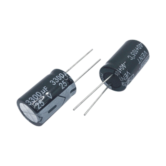 Capacitor Electrolítico de Aluminio, Radial de 3300 µFd, 25 Vcc, 105 °C, 18 x 25 mm.