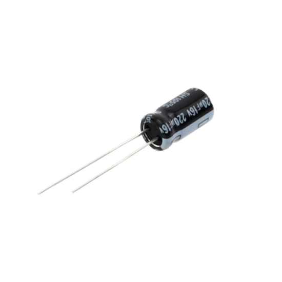 Capacitor Electrolítico en Aluminio, Radial de 220 µFd, 16 Vcc, 105 °C, 6.3 x 11 mm.