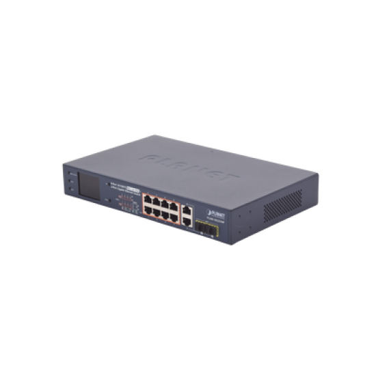 Switch PoE+ / distancia 250 metros / 8 puertos + 2 combo TP/SFP gigabit y pantalla LCD para monitoreo