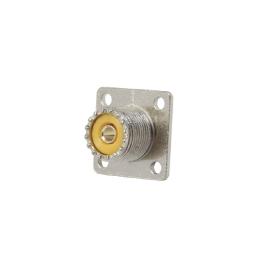 Conector UHF Hembra (SO-239), para Montaje en Chasis con 4 perforaciones a 18 mm, Terminal Soldable, Níquel/ Plata/ Delrin.