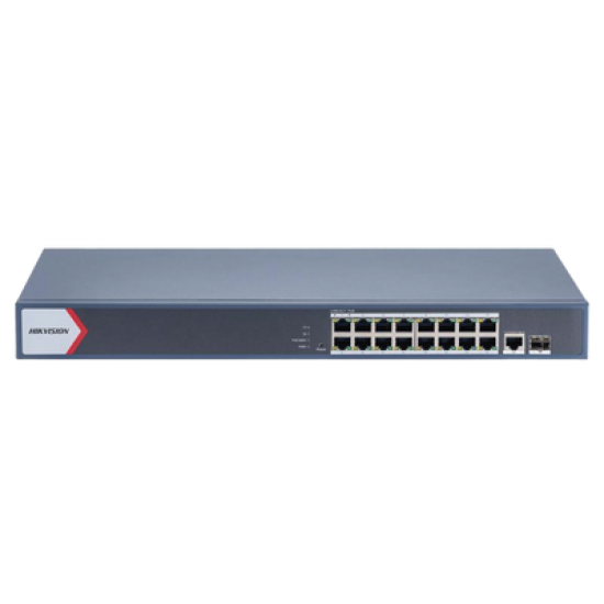 Switch Gigabit PoE+ / Administrable / 16 Puertos 1000 Mbps PoE+ / 1 Puerto 1000 Mbps de Uplink / 1 Puerto SFP /  Configuración Nube desde Hik-Partner Pro / Modo Extendido hasta 300 Metros / 230 Watts