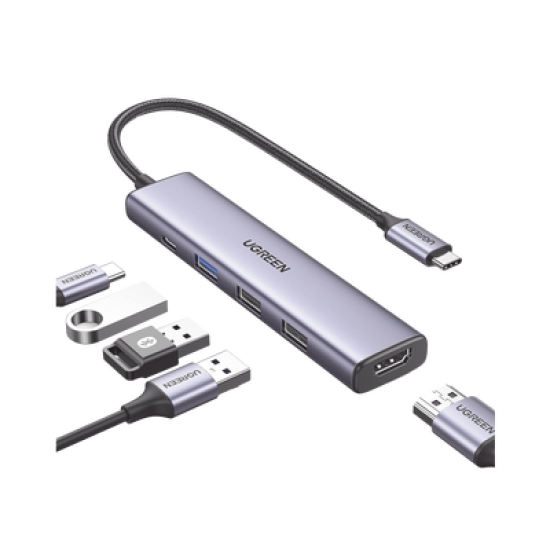HUB USB-C (Docking Revodok) 5 en 1 | 1 USB-A 3.0 (5Gbps) | 2 USB-A 2.0 (5Gbps) | HDMI 2.0 4K@30Hz | USB-C PD Carga 100W | Cable Trenzado Duradero | Carcasa de Aluminio.