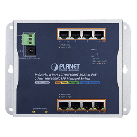 Switch Industrial PoE Administrable de Pared Capa 2, 8 Puertos Gigabit PoE 802.3at y 2 Puertos 100/1000X SFP