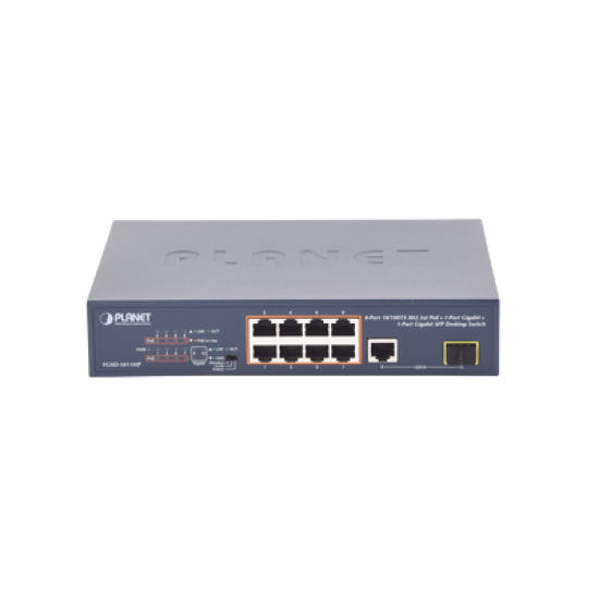 Switch no Administrable 8 puertos 10/100 PoE 802.3af/at 135W, 1 puerto Uplink 10/100/1000 y 1 SFP 100/1000 para escritorio 