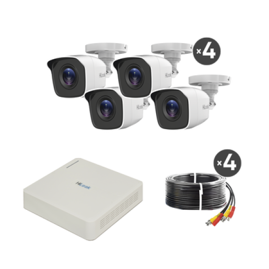 Kit TurboHD 720p / DVR 4 canales / 4 Cámaras Bala de Metal / 4 Cables 18 Mts / H.265+ / 1 Fuente de Poder Profesional / Accesorios de Instalación