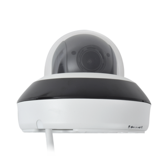 Mini Domo PTZ IP 4 Megapixel / 4X Zoom / H.265+ / 20 mts IR EXIR / WDR 120dB / PoE / IK10 / Exterior IP66 / Ultra Baja Iluminación / Micrófono Integrado / PoE
