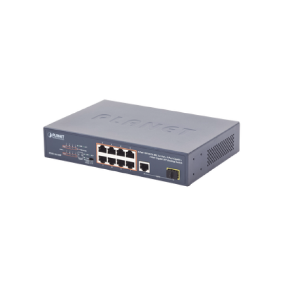 Switch no Administrable 8 puertos 10/100 PoE 802.3af/at 135W, 1 puerto Uplink 10/100/1000 y 1 SFP 100/1000 para escritorio 