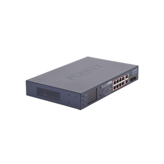 Switch PoE+ / distancia 250 metros / 8 puertos + 2 combo TP/SFP gigabit y pantalla LCD para monitoreo