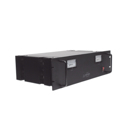 Fuente de poder 13.8Vcc, 50A, lineal regulada con circuito cargador de baterías, medidores, para instalación en rack