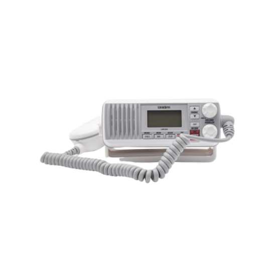 Radio Móvil Marino VHF, color blanco, Tx: 156.025 - 157.425 MHz, Rx: 156.050 - 163.275 MHz, 25W de potencia, sumergible IPX4 incluye micrófono y cable de alimentación