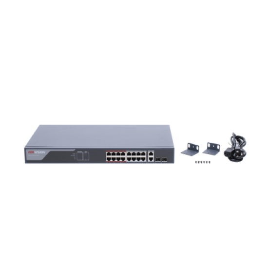 Switch PoE+ / Monitoreable / 16 puertos 10/100 Mbps PoE+ / 2 Puertos 1000 Mbps Uplink / 2 Puertos SFP de Uplink /  Configuración Nube Hik-Partner Pro / Modo Extendido hasta 300 metros / 230 W 