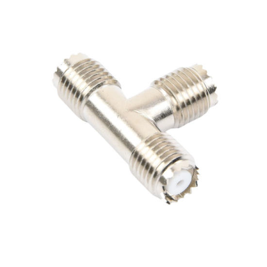 Adaptador en T, de Conector Mini-UHF Hembra a Doble Mini-UHF Hembra, Níquel/ Plata/ Teflón.
