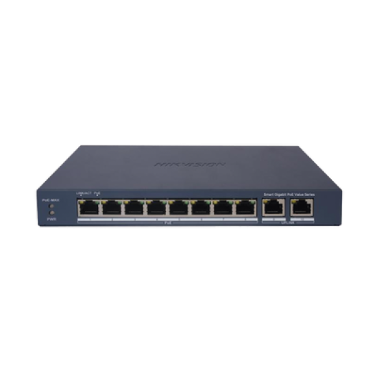 Switch Gigabit PoE+ / Administrable / 8 Puertos 1000 Mbps PoE+ / 2 Puertos 1000 Mbps de Uplink / Configuración Nube Hik-PartnerPro / Modo Extendido hasta 300 Metros / 60 W 
