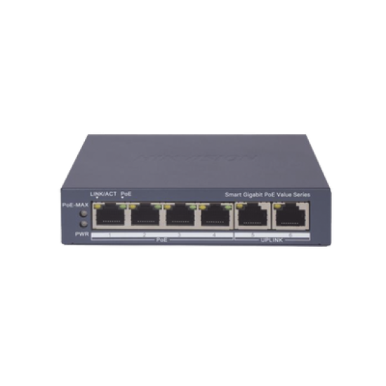 Switch Gigabit PoE+ / Administrable / 4 Puertos 1000 Mbps PoE+ / 2 Puertos 1000 Mbps Uplink / Configuración Nube Hik-PartnerPro / Modo Extendido hasta 300 Metros / 45 Watts