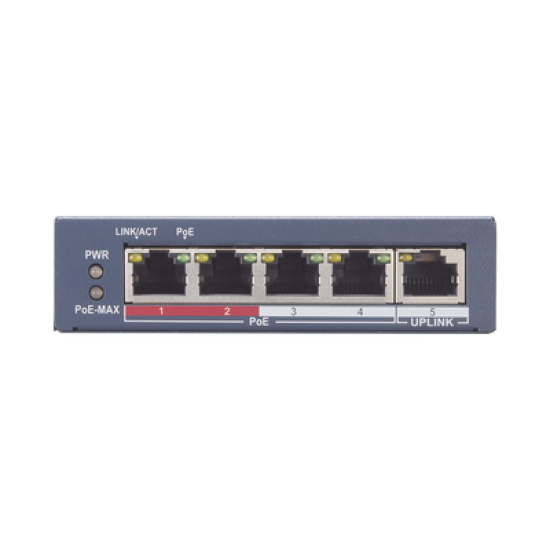Switch Monitoreable PoE+ / 4 puertos 100 Mbps PoE+ / 1 Puerto 100 Mbps Uplink / PoE hasta 250 Metros / 60 Watts / Conexión Remota desde Hik-PartnerPro