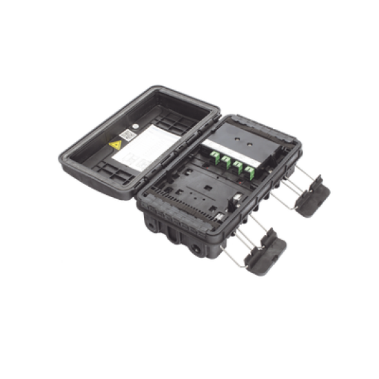 Caja de Distribución de Fibra Óptica para 24 Empalmes, con 8 acopladores SC/APC simplex, Exterior IP65, Color Negro