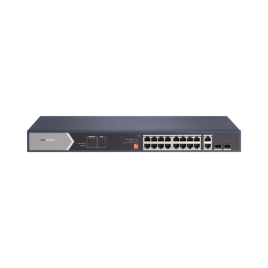 Switch PoE+ / No Administrable / 16 Puertos 100 Mbps PoE+ (4 Puertos PoE++ 90 W) / 2 Puertos 1000 Mbps Uplink + 2 Puertos SFP de Uplink / PoE hasta 250 Metros / 225 Watts