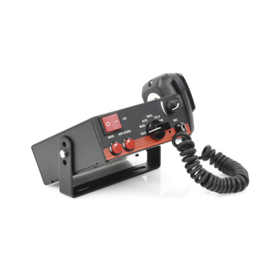Sirena Vehicular de 100W de Potencia, Con Switch Giratorio de 6 posiciones, Micrófono de Uso Rudo e Interconexión a Radio