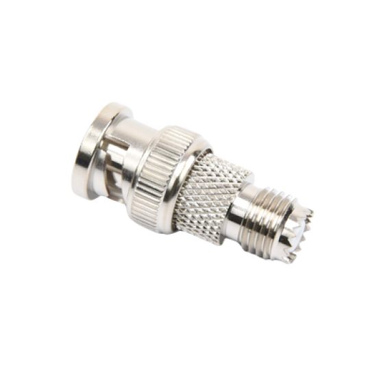 Adaptador en Línea de Conector Mini-UHF Hembra a BNC Macho, Níquel/ Oro/ Teflón.