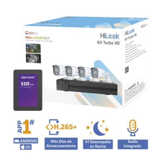 Kit TurboHD 1080p + SSD 1 TB / DVR 4 Canales / 4 Cámaras Bala ColorVu con Micrófono Integrado / Fuente de Poder / Accesorios de Instalación