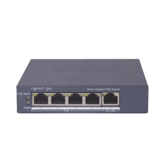 Switch Gigabit PoE+ / Administrable / 4 Puertos 1000 Mbps PoE+ / 1 Puerto 1000 Mbps Uplink / Configuración Nube Hik-PartnerPro / Modo Extendido hasta 300 Metros / 60 Watts