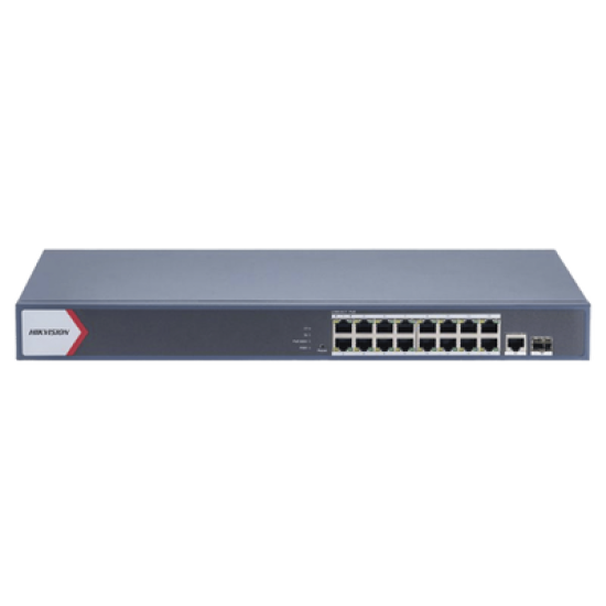 Switch Gigabit PoE+ / Monitoreable / 16 Puertos 1000 Mbps PoE+ / 1 Puerto 1000 Mbps de Uplink / 1 Puerto SFP /  Configuración Remota desde Hik-PartnerPro / Modo Extendido hasta 300 Metros / 130 Watts