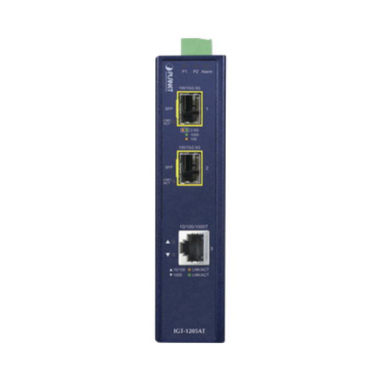 Convertidor de Medios Industrial de 1 Puerto Ethernet 10/100/1000 Base-T a 2 Puertos SFP 100/1000/2500 Base-X 